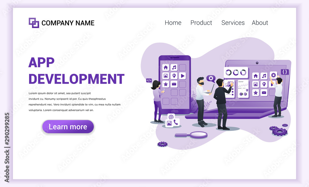 Poster modern flat design concept of app development with characters on screen building app and software. c