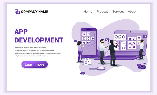 Modern Flat design concept of App Development with characters on screen building app and software. Can use for banner, business, development, landing page, website template. Flat vector illustration