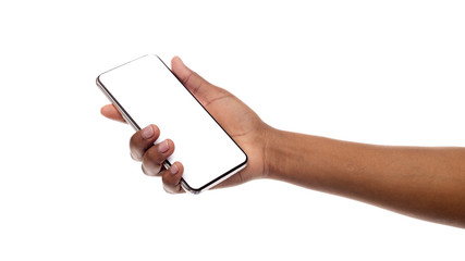 Black woman's hand holding mobile phone with blank screen