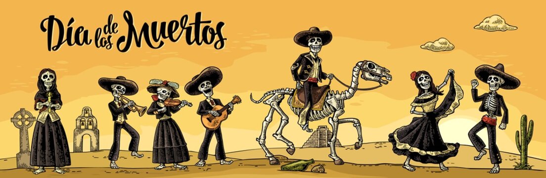 Skeleton Mexican costumes dance and play the guitar, violin, trumpet.