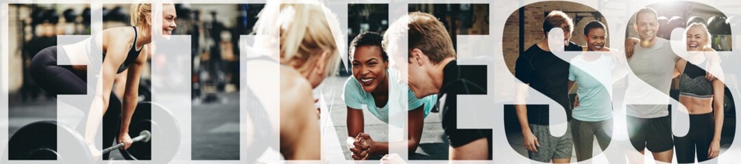 Collage of fit people smiling during various gym workouts - obrazy, fototapety, plakaty