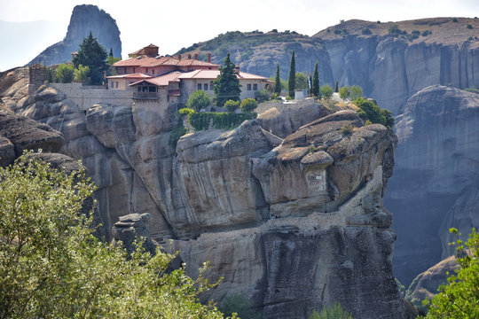 Famous medieval extraordinary abbey At the top of the Greek mountains, meteors. Picturesque mountains meteorou with the complex of Christian monasteries. 