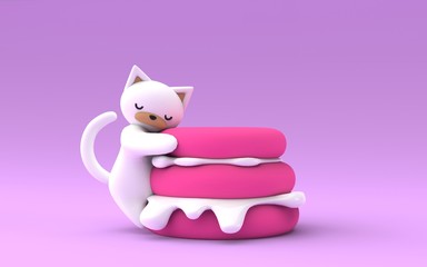 White kitten with pink cake on pink background