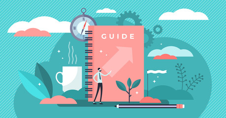 Guide vector illustration. Tiny technical FAQ information persons concept. - obrazy, fototapety, plakaty