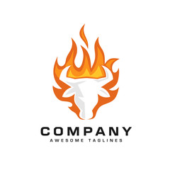 creative bull head fire logo vector illustration, bull Head Flaming Fire Vector Illustration Logo.