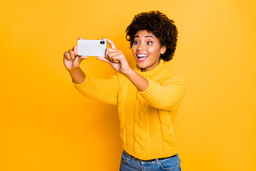 Photo of charming cute cheerful pretty sweet lovely girlfriend photographing something with her new...