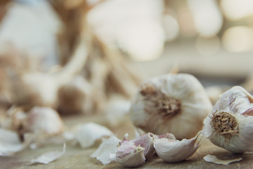 Garlic placed on a wooden table