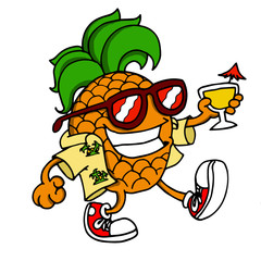 Funny illustration of a pineapple with a cocktail in his hand, sunglasses and a Hawaiian shirt