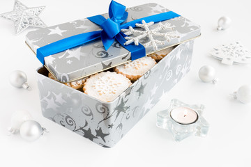 Mince Pies in Cookie Tin with Christmas Decoration