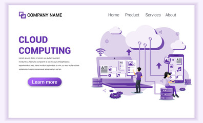 Modern flat design concept of Cloud Computing, digital storage, data center and digital network with characters. Can use for banner, landing page, web design template. Flat vector illustration