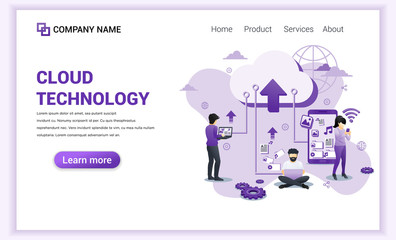 Modern flat design concept of Cloud technology, digital storage, data center with characters. Can use for banner, mobile app, landing page, web design template. Flat vector illustration