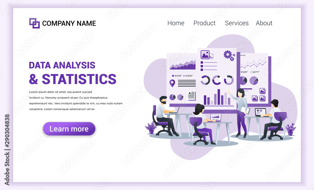Poster data analysis concept. characters sitting on desk using laptop in front presentation screen showing 