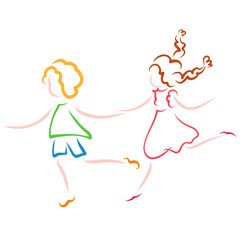 running together funny boy and girl, colorful outline