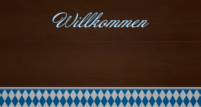 gerade Bordüre unten in Blau-weißem Rautenmuster mit Text "Willkommen" auf alter Holzstruktur