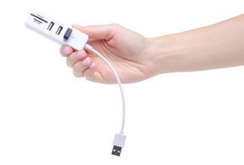 portable usb hub in hand on white background isolation