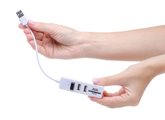 portable usb hub in hand on white background isolation