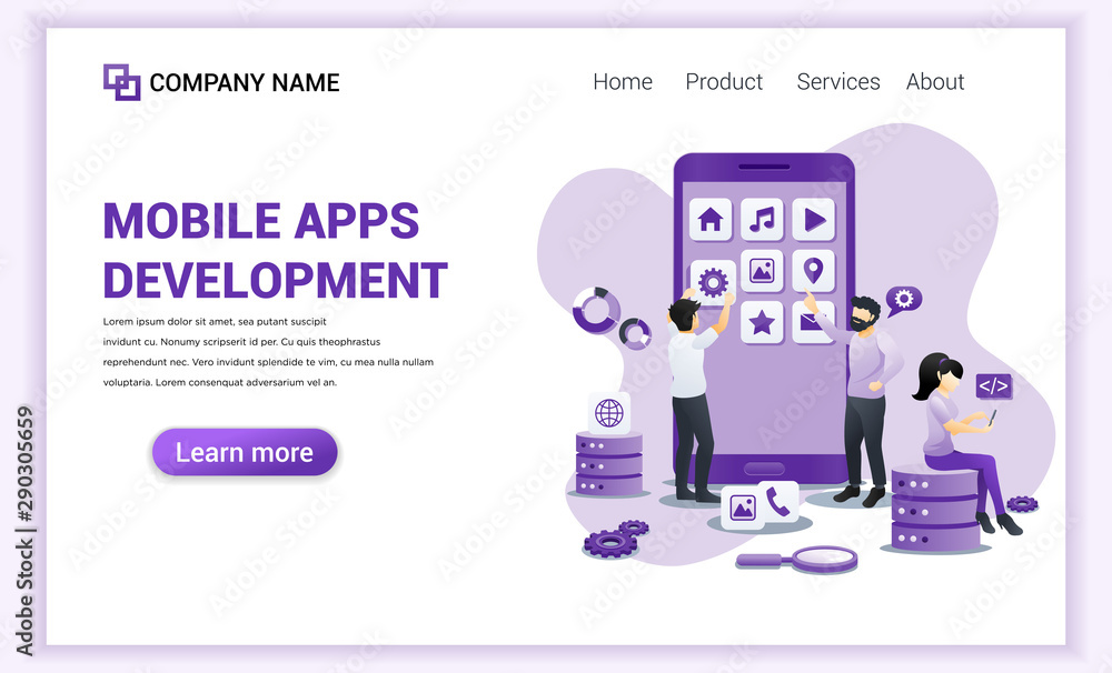 Poster modern flat design concept of mobile app development with characters building and create app as deve
