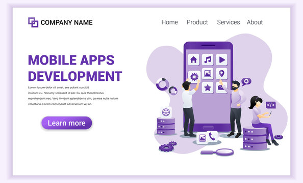 Modern Flat design concept of Mobile app development with characters building and create app as developer. Can use for banner, business, mobil app, landing page, web design. Flat vector illustration