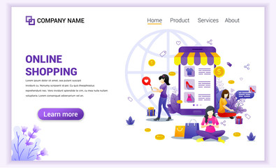 Online shopping concept with giant mobile displaying store products and woman characters. Can use for mobile app template, landing page, web design, banner, advertising. Flat vector illustration