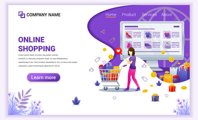 Online shopping concept with giant screen displaying store products and woman character carrying cart. Can use for mobile app, landing page, web design, banner, advertising. Flat vector illustration
