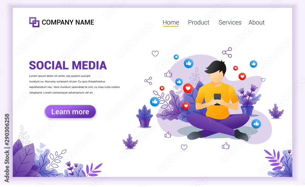 Canvas Prints modern flat design concept of social media with a young man sitting using smartphone. can use for ba