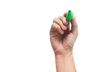 Hand with pen on white background