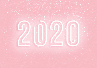 2020 New Year neon sign on pink background, vector illustration. Silver confetti flying in the air, festive white letters 2020 on pink poster with grunge texture, modern banner concept. 