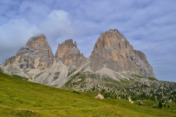 The impressive Langkofel - Sassolungo peaks, Dolomites, Italy. Beautiful place for climbing, hiking, via ferrata. 