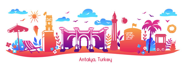 Obraz premium Ilustracja jasny nowoczesny wektor Antalya, Turcja. Pozioma scena panoramiczna słynnych tureckich symboli i zabytków. Karta podróżna, plakat, nadruk w stylu płaskiej z kolorowym gradientem.