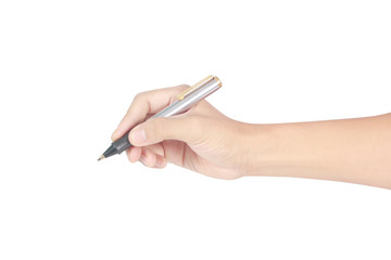 Hand with pen on white background