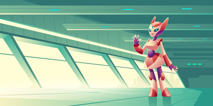 Female alien robot, artificial intelligence robotic servant, computer game anthropomorphous cyborg cat character, standing in future futuristic world skyscraper terrace cartoon vector illustration