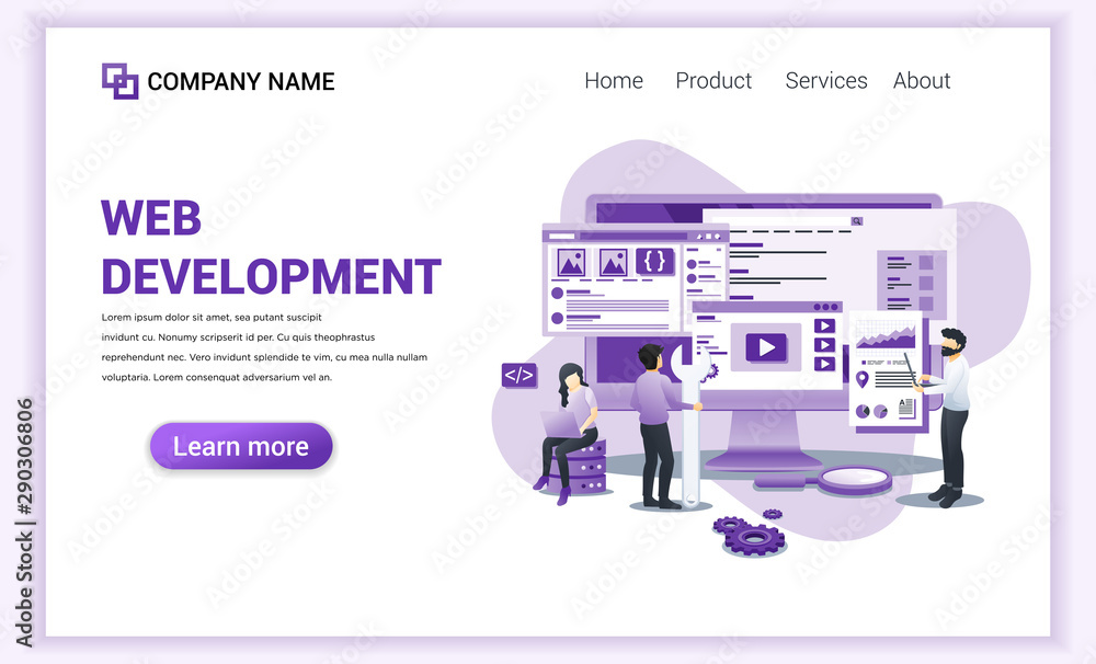 Poster modern flat design concept of web development with characters on screen programming and coding. can 