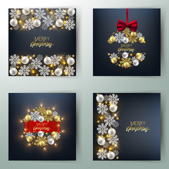 Set of Merry Christmas and Happy New Year postcard banners, shiny baubles, led lights and decorative elements, vector illustration