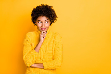 Copyspace photo of cheerful cute nice girlfriend smiling cunningly planning something wearing...