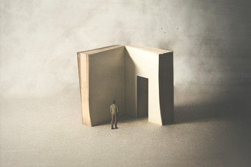 courious man entering in the book's door, fear of wisdom