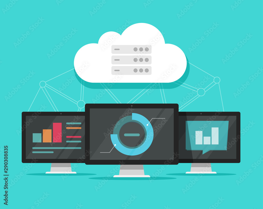 Poster cloud computing technology vector illustration, flat cartoon computers connected to cloud servers ne