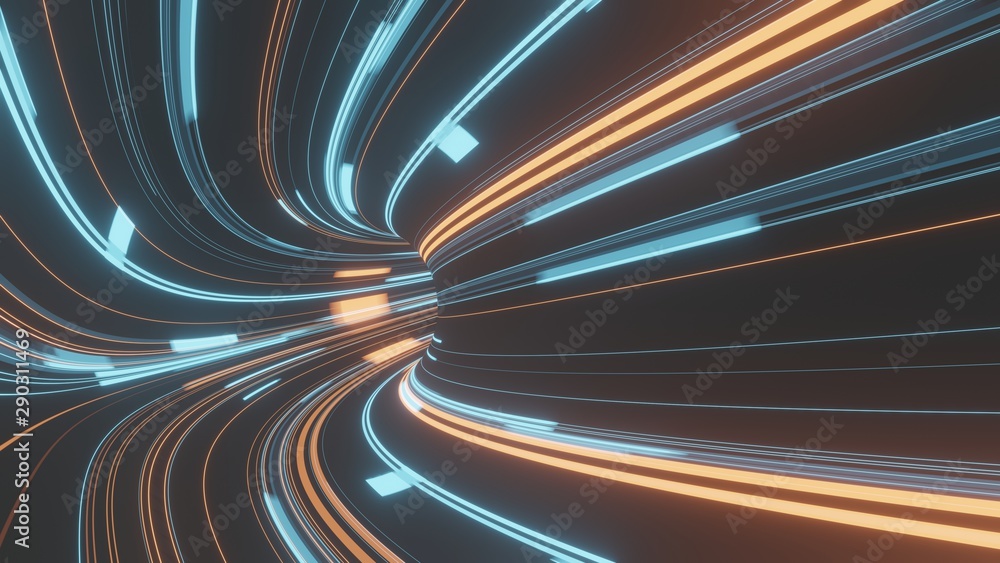 Poster 3d rendering of abstract fast moving stripe lines with glowing sun light flare. high speed motion bl