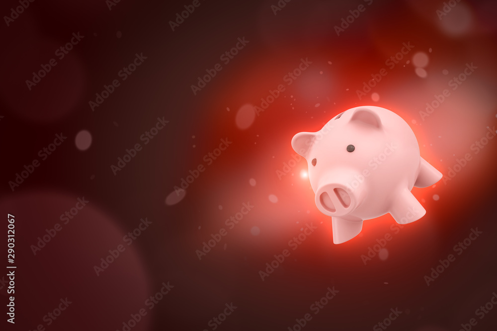 Poster 3d rendering of pink piggy bank on gradient bokeh crimson background with copy space.