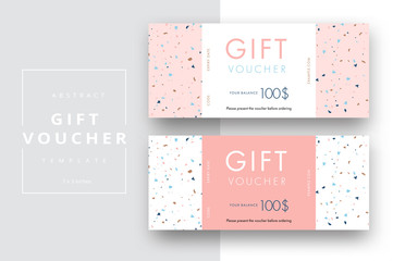 Abstract gift voucher card template. Modern discount coupon or certificate layout with geometric shape pattern. Vector fashion bright background design with information sample text.