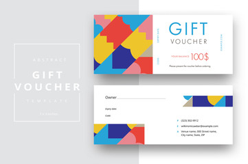 Abstract gift voucher card template. Modern discount coupon or certificate layout with geometric shape pattern. Vector fashion bright background design with information sample text.