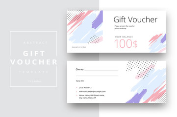 Abstract gift voucher card template. Modern discount coupon or certificate layout with geometric shape pattern. Vector fashion bright background design with information sample text.