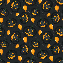 Seamless Halloween pattern with scary black pumpkins and orange balloons on black background for greeting card, gift box, wallpaper, fabric, web design.