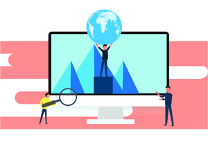 Three prople on computer desktop. Vector illustration flat design.