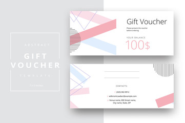 Abstract gift voucher card template. Modern discount coupon or certificate layout with geometric shape pattern. Vector fashion bright background design with information sample text.
