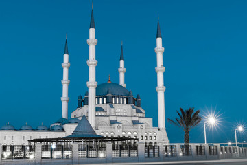 Fototapeta na wymiar Hala Sultan Camii mosque in Nicosia, North Cyprus at evening time. Muslim religion.
