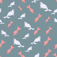 Seamless pattern with seal pups and fish. Vector illustration of sitting seal animal in a flat style. Design element for textile print, wallpaper, wrapping paper, web background.