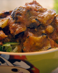 Pasta with tomato sauce and eggplant in a bowl