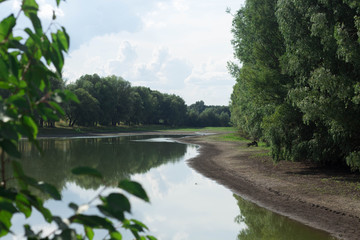 Dried river low level of water bank with trees ecological concept