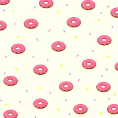 Donut with strawberry cream illustration hand drawn pattern background.