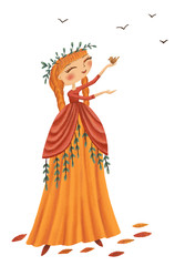 Obraz na płótnie Canvas Autumn fairy girl in red dress with bird. Hand drawn illustration. 